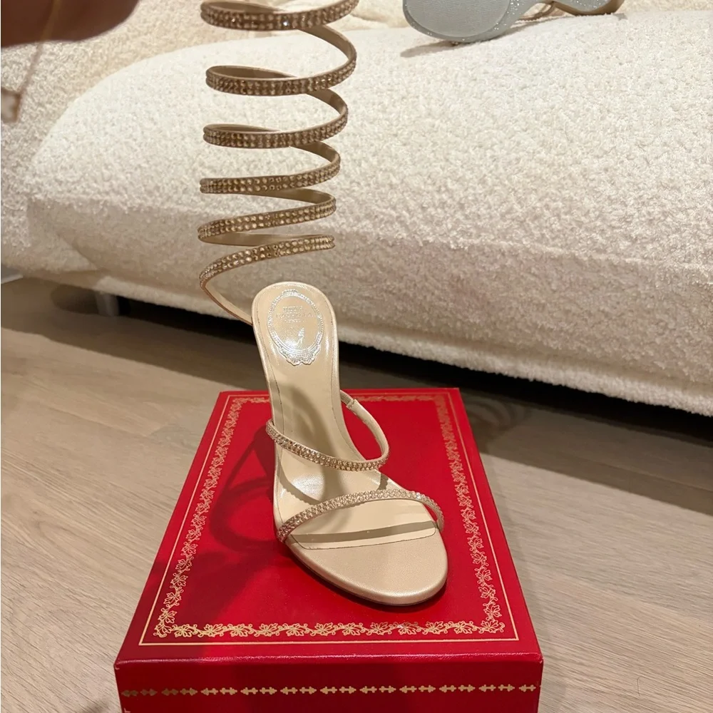 Rene Caovilla SuperCleo Beige Satin/Gold Champagne Spiral Wrap Shadow Heels